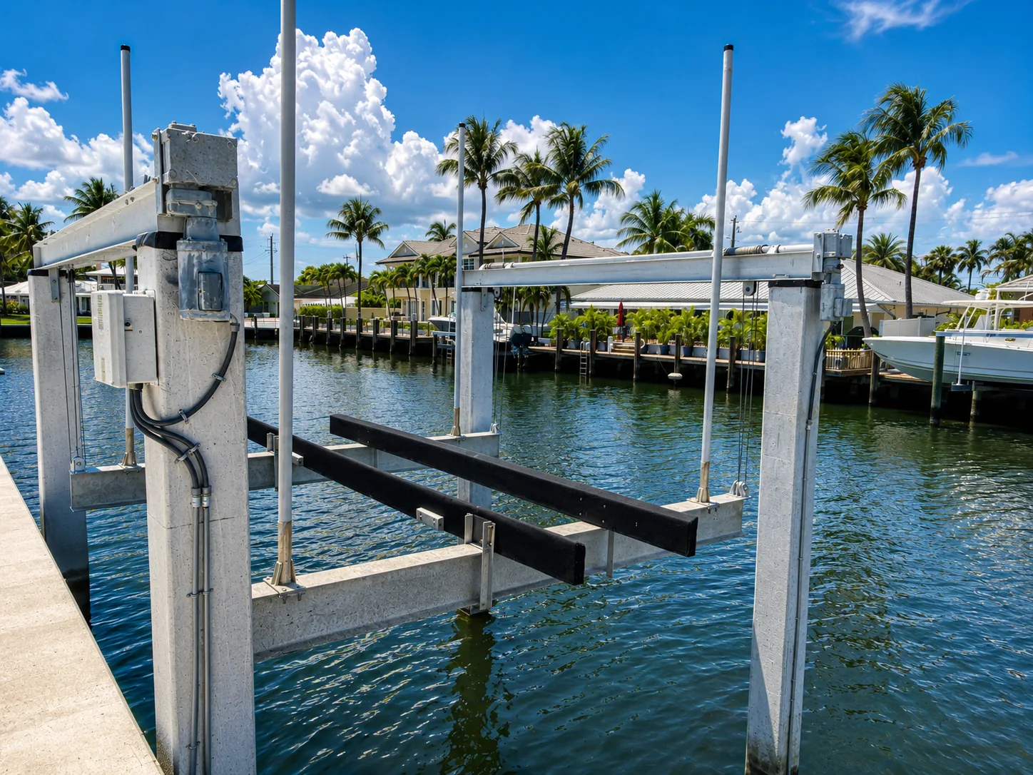 Boat lift supported by concrete pilings