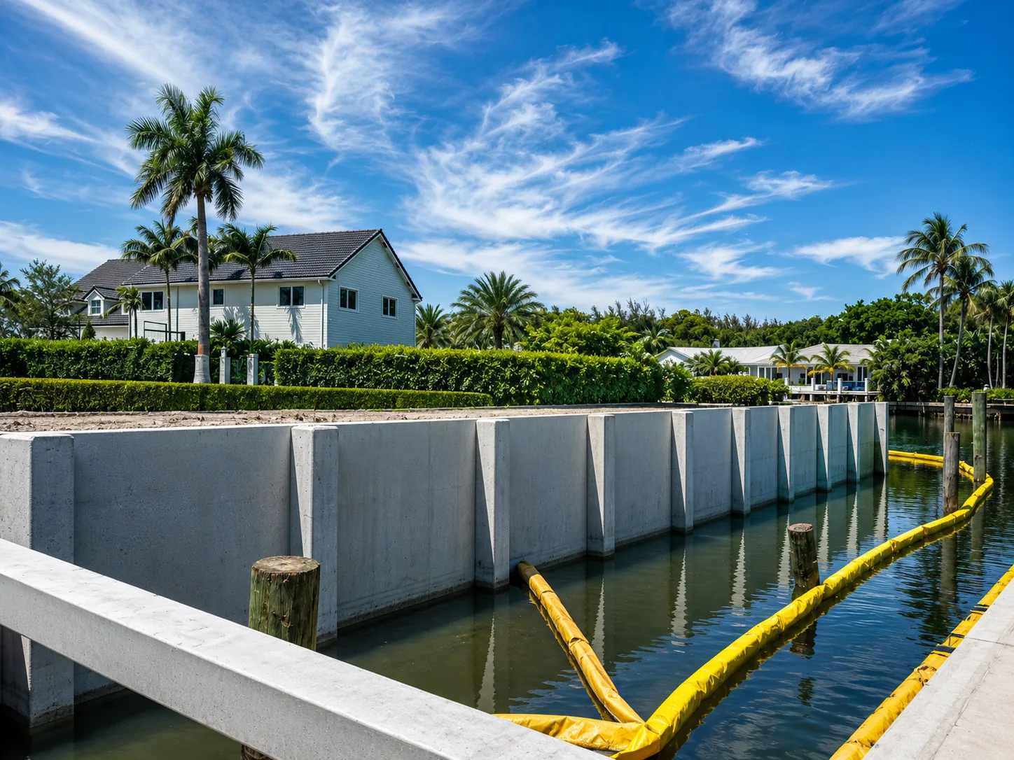 Concrete seawall with pilings along the water