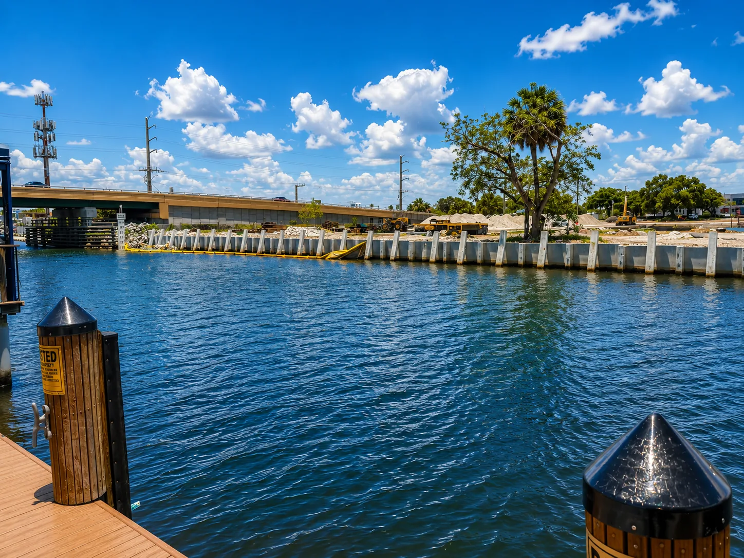 Waterfront jobsite with concrete pilings along the shoreline