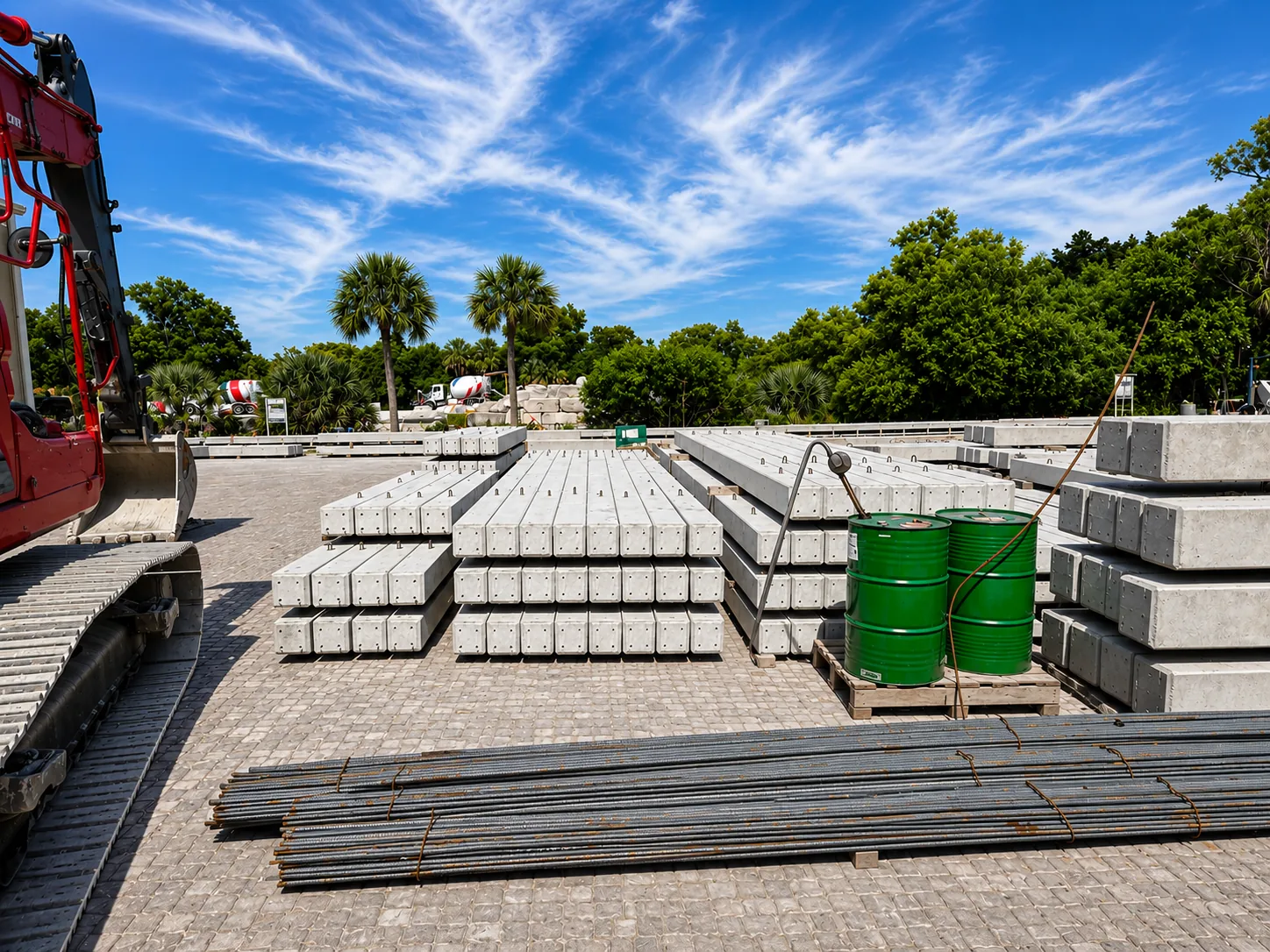 Precast concrete pilings staged in the yard